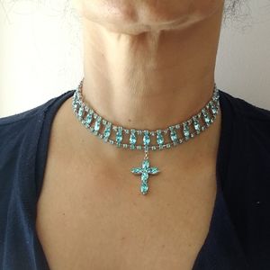 Crystal Cross Choker Aqua